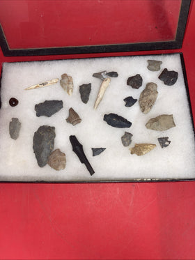 Native American Artifacts Lot 24 w/ Frame Arrowheads Collection 12”x8” Frame #13