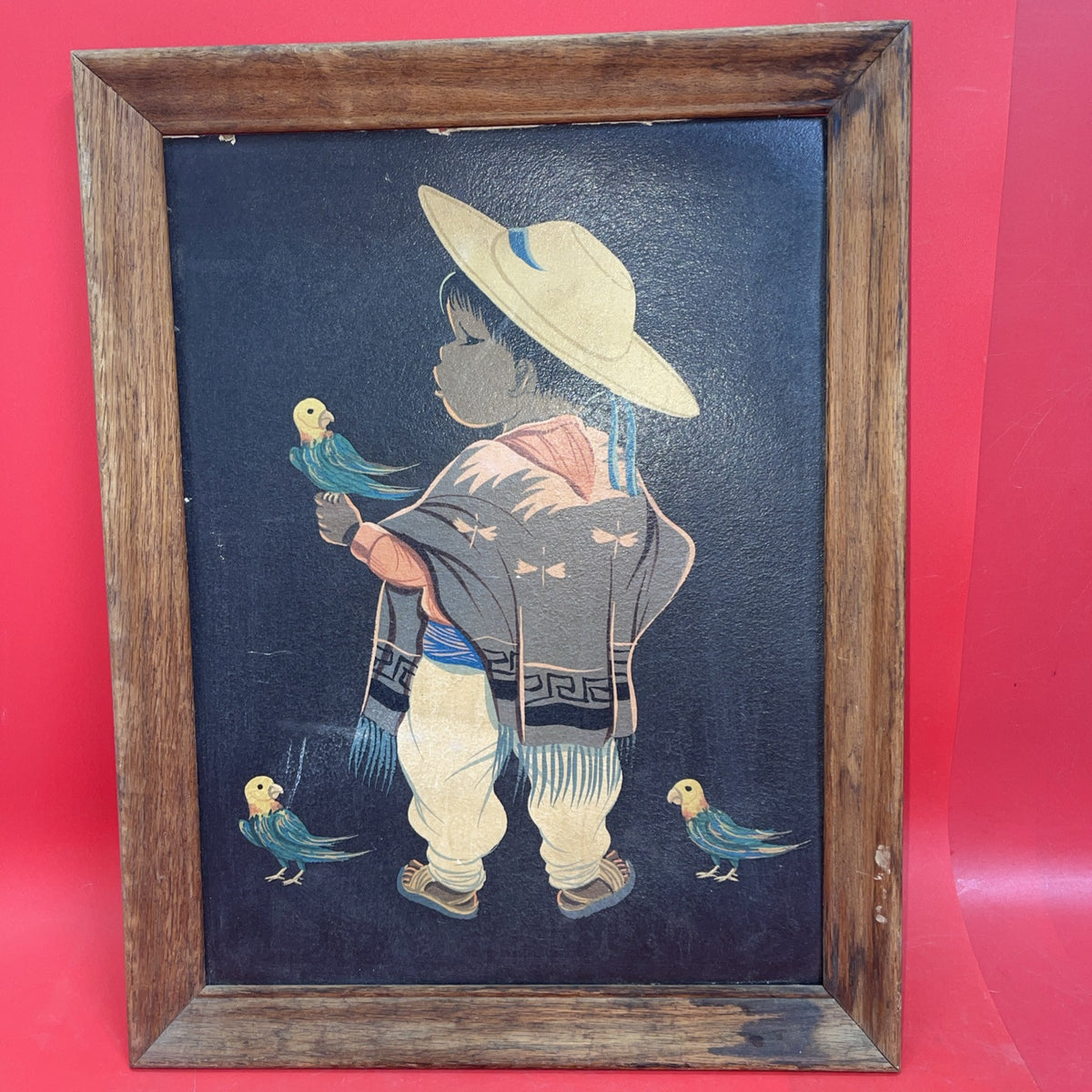 Vintage 50s Jose Luis Betanzos Boy with Parrots 16” x 12”  Framed Print