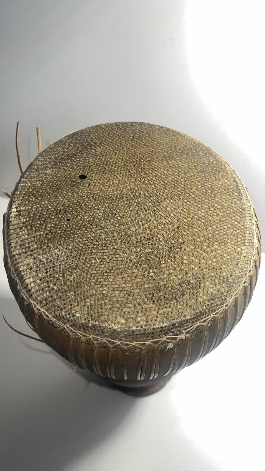 Vintage African Djembe Handheld Drum – Clay Body, Snakeskin Leather Percussion