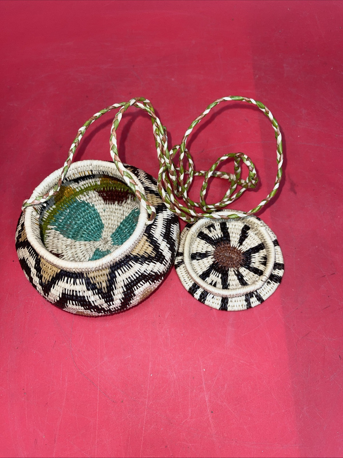 African Hand Woven Basket with Lid 3”x4”