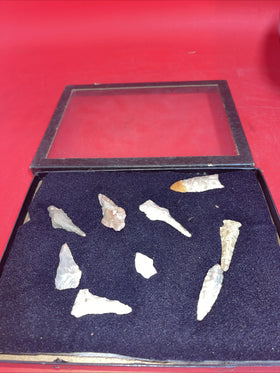 Native American Artifacts Arrowheads Lot 9 Points w/ 9”x7” Frame. #19