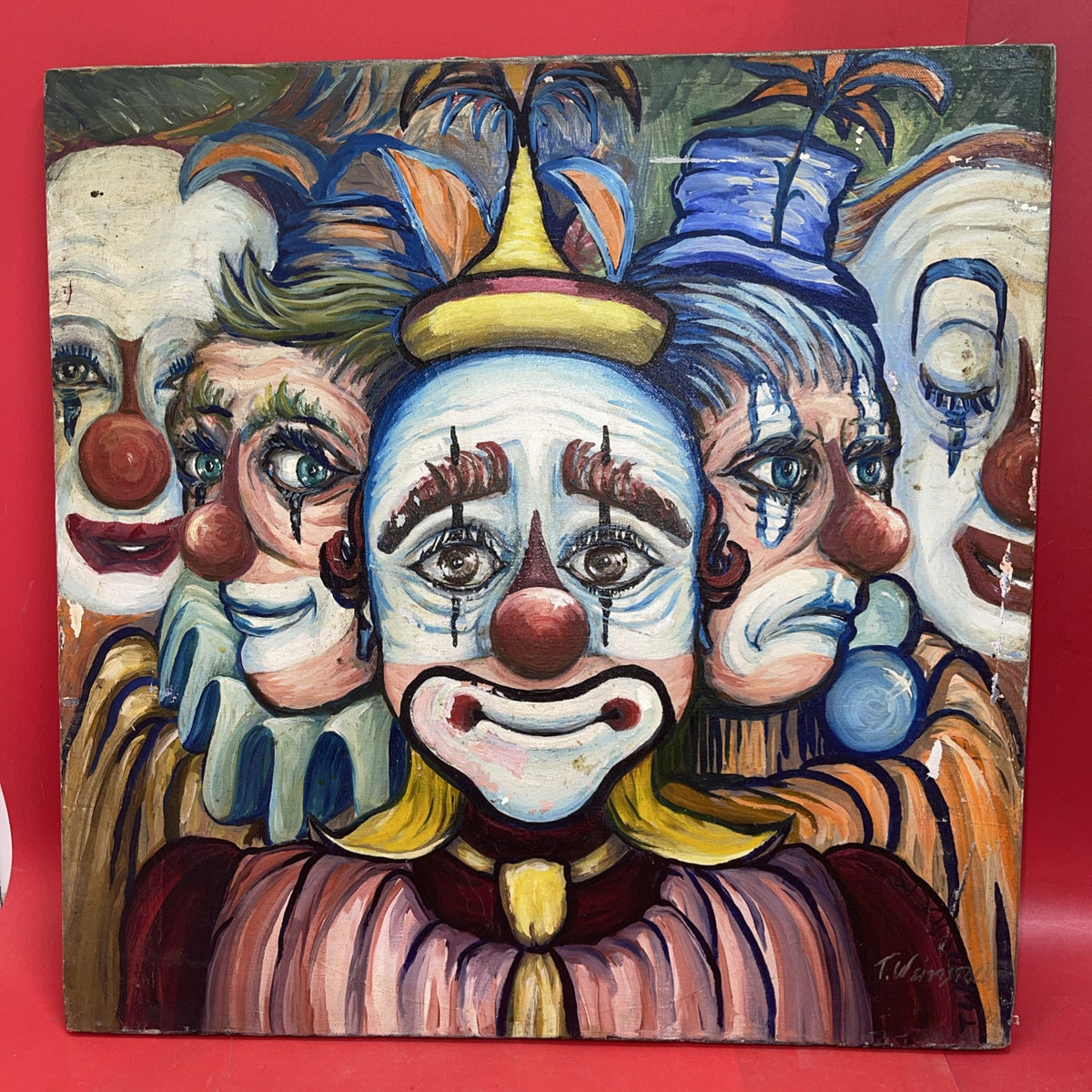 Vintage,,Five Clowns’’T. Weinstock 1980 Oils painting