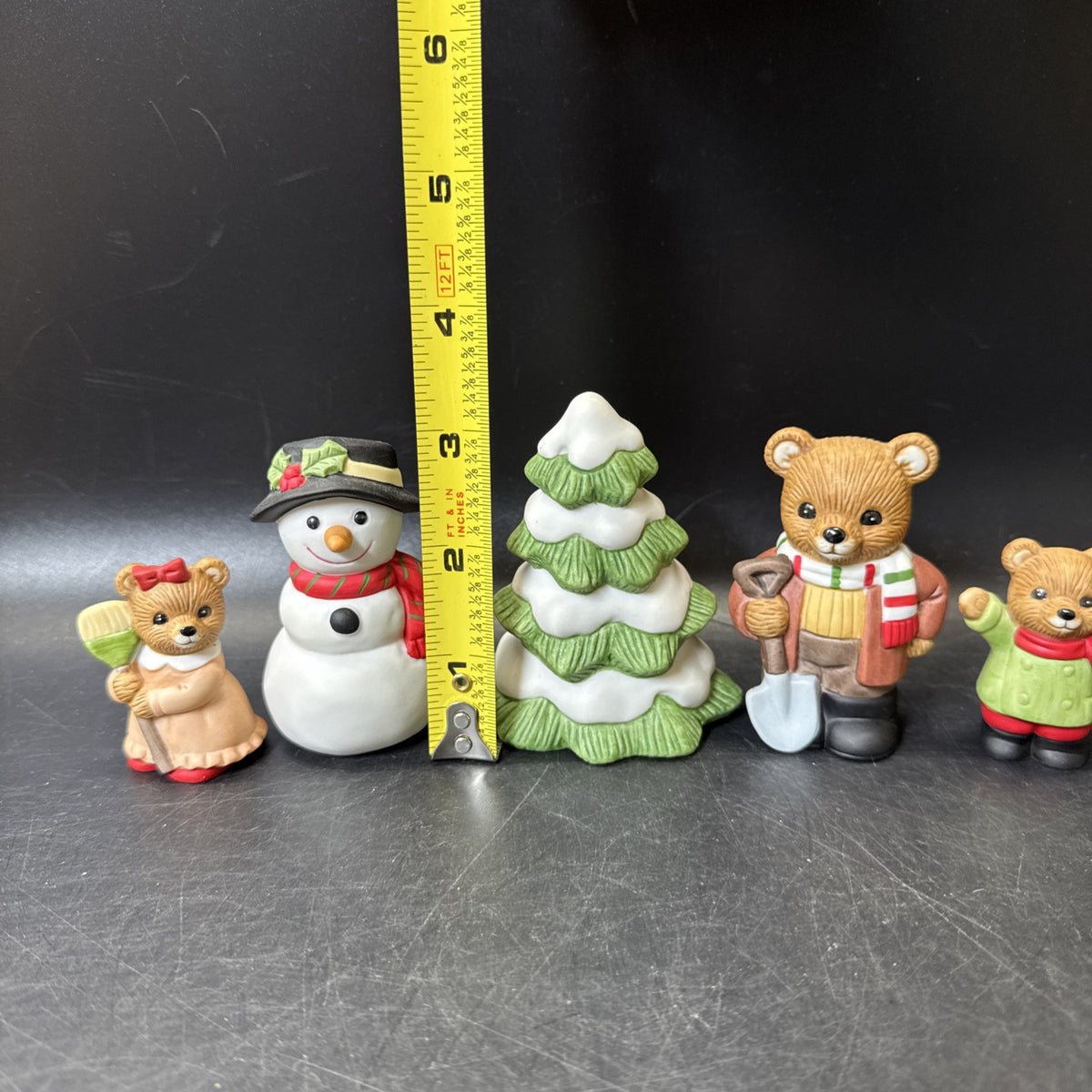 Vintage Homco #5101, 5pc Christmas Figurine/Set Daddy Girl Boy Bear Snowman Tree