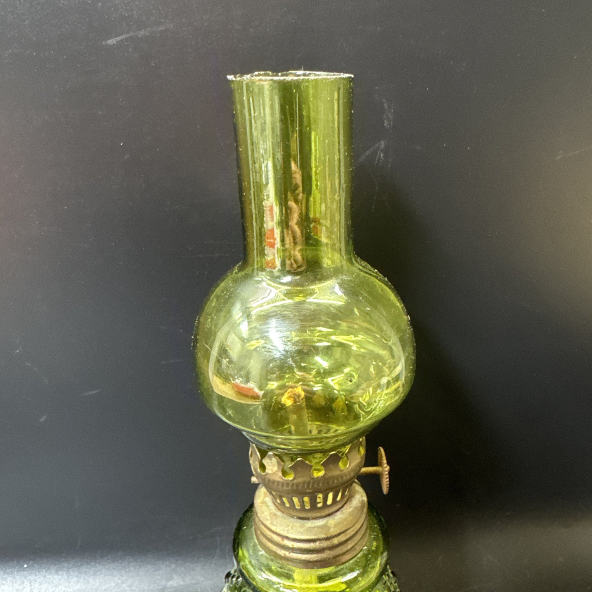 Vintage Made In Hong Kong,  Small Green Glass Oil Lamp 10" Tall