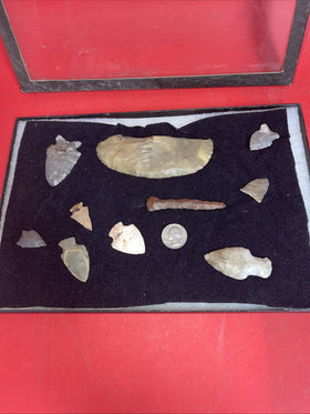 Native American Artifacts Lot 10 w/ Frame Arrowheads Collection 12”x8” Frame #12