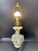 Vintage Small Ruffled Ceramic Lamp with 3-D Roses, Table Desktop Lamp