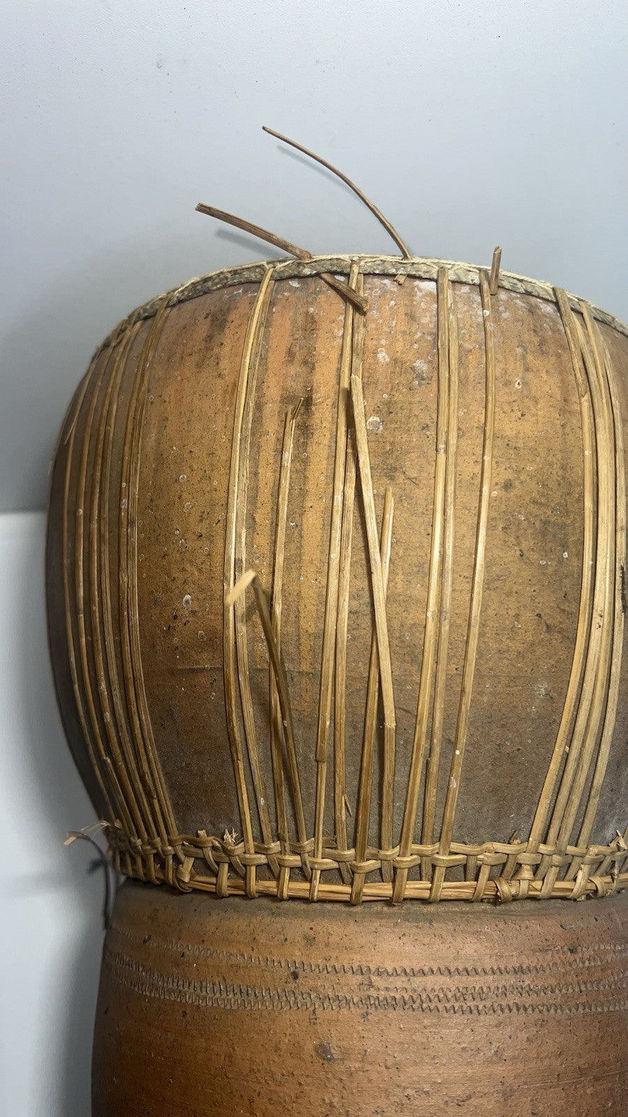 Vintage African Djembe Handheld Drum – Clay Body, Snakeskin Leather Percussion