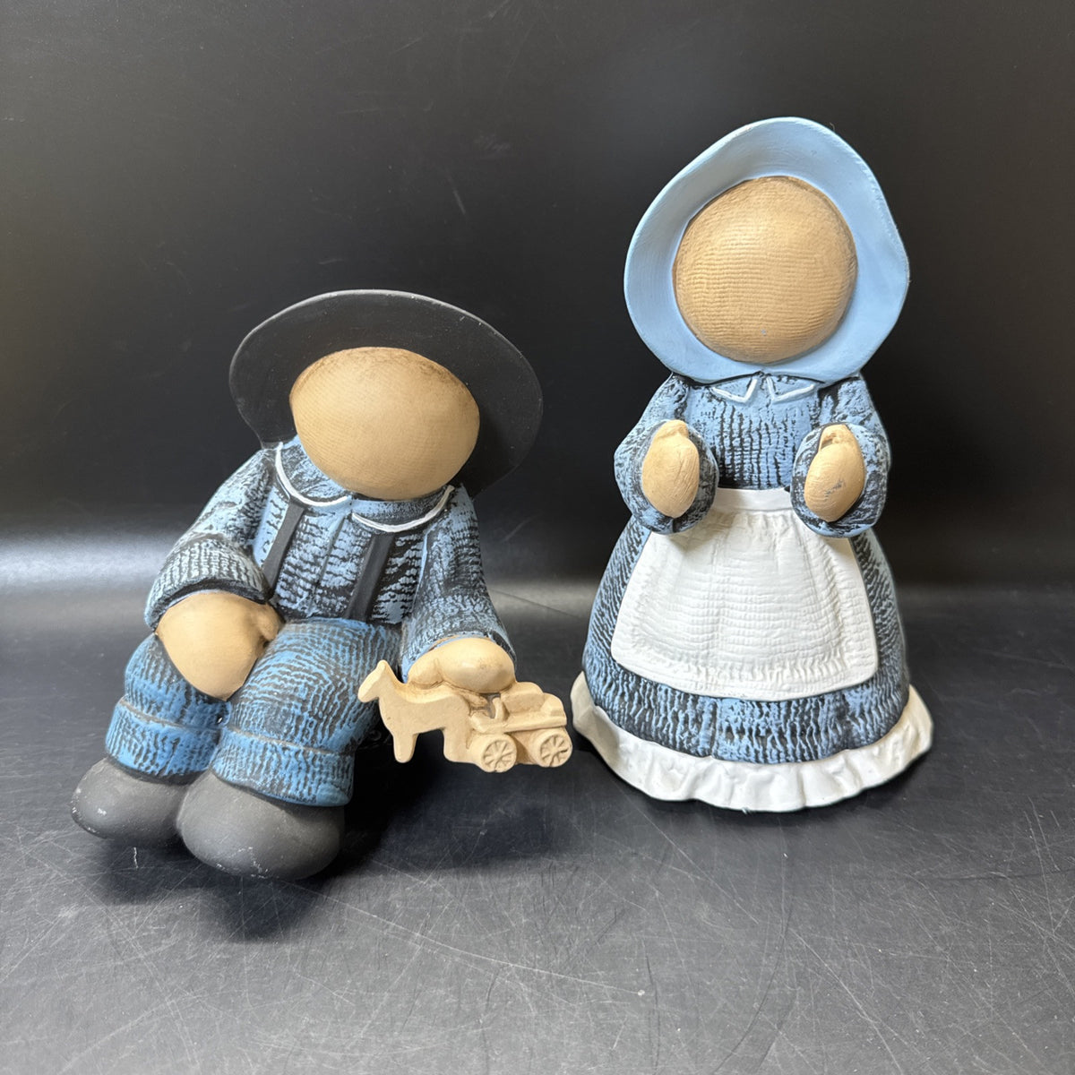 Amish Faceless Ceramic Shelf Sitter Boy & Girl Set Pair Hand Painted