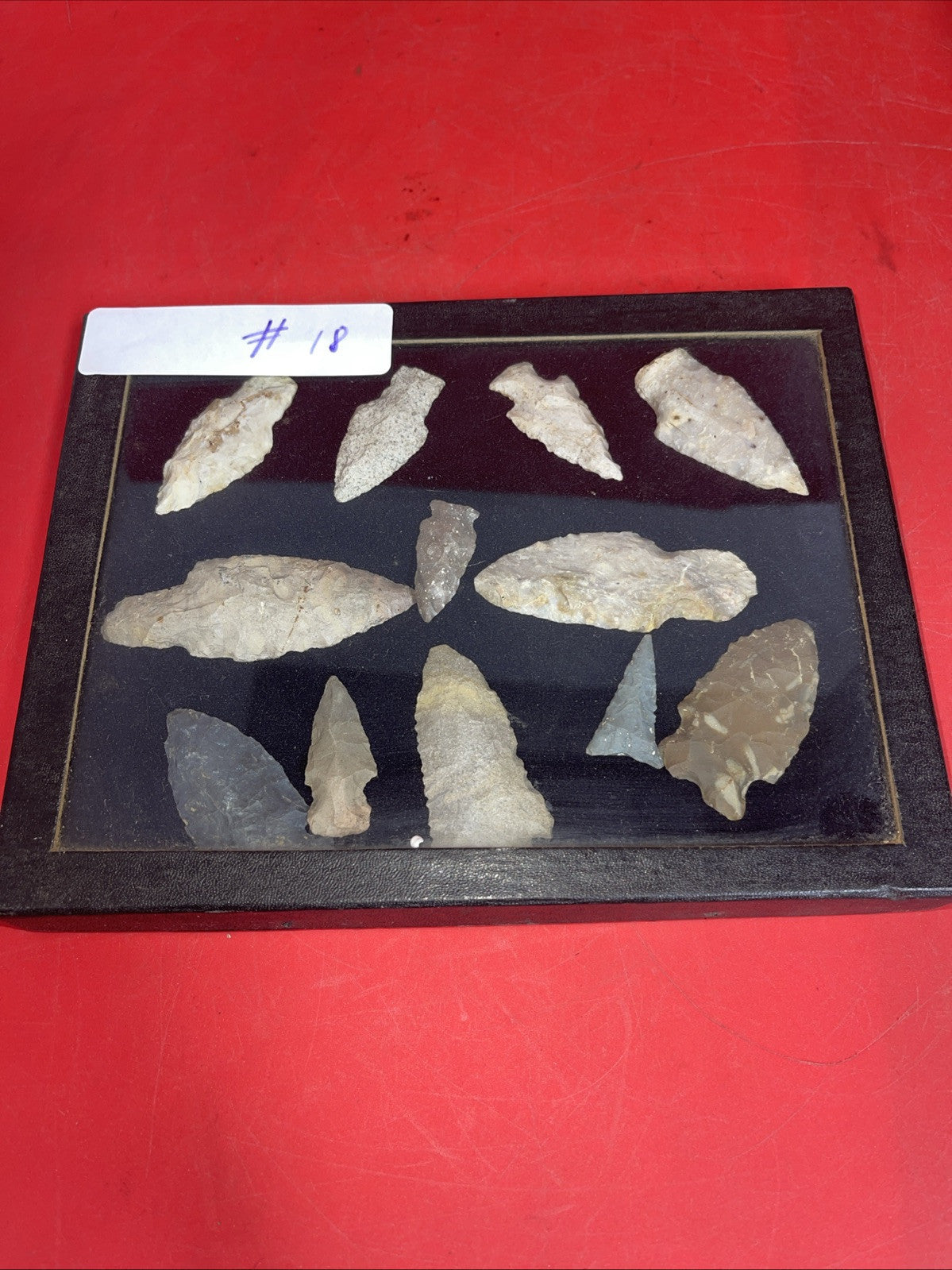 Lot of 12 Native American Indian Arrowhead Artifacts & Display Box 9”x7”. #18