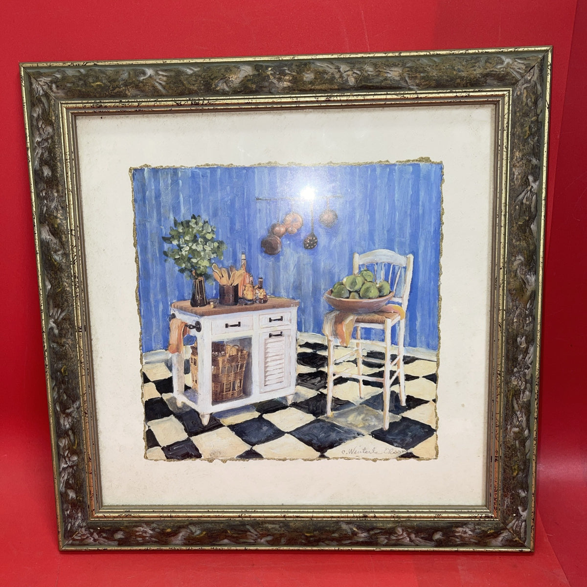 Vintage C. Winterle Olson Print Framed Rustic Kitchen Table Scene GUC