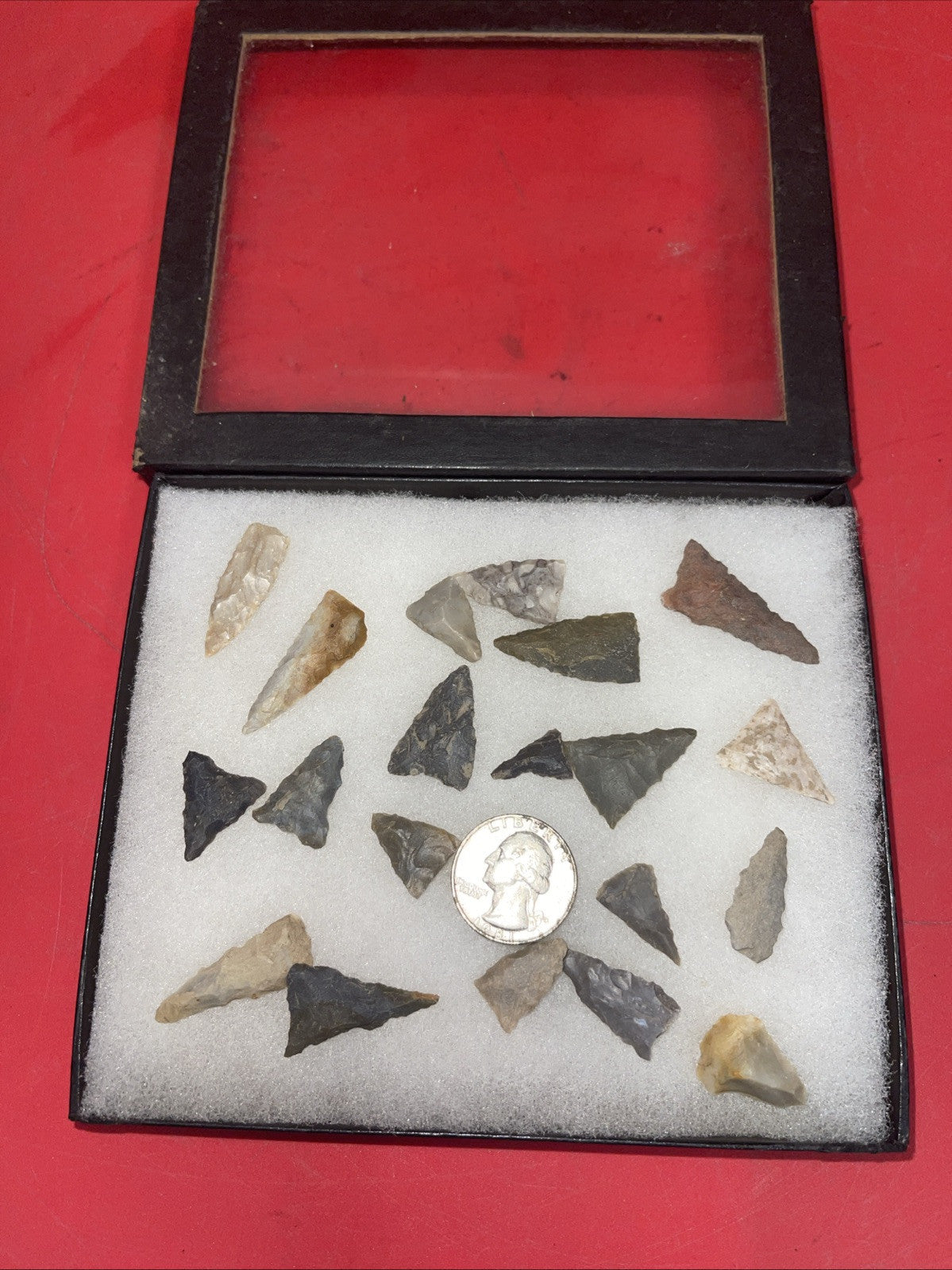 Native American Arrowheads collection in glass case, #27