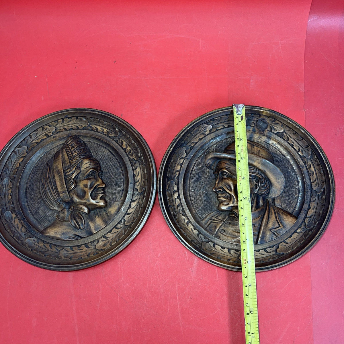 Vintage Handcrafted Wood Wall Plates in Folk Style in Man and Women, Diameter 8”