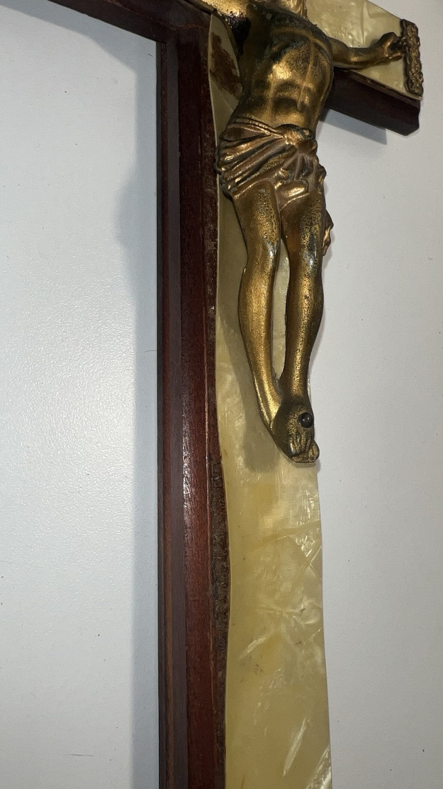 Vintage Catholic Last Rites Crucifix - Mother of Pearl Inlay, Empty Holy Water