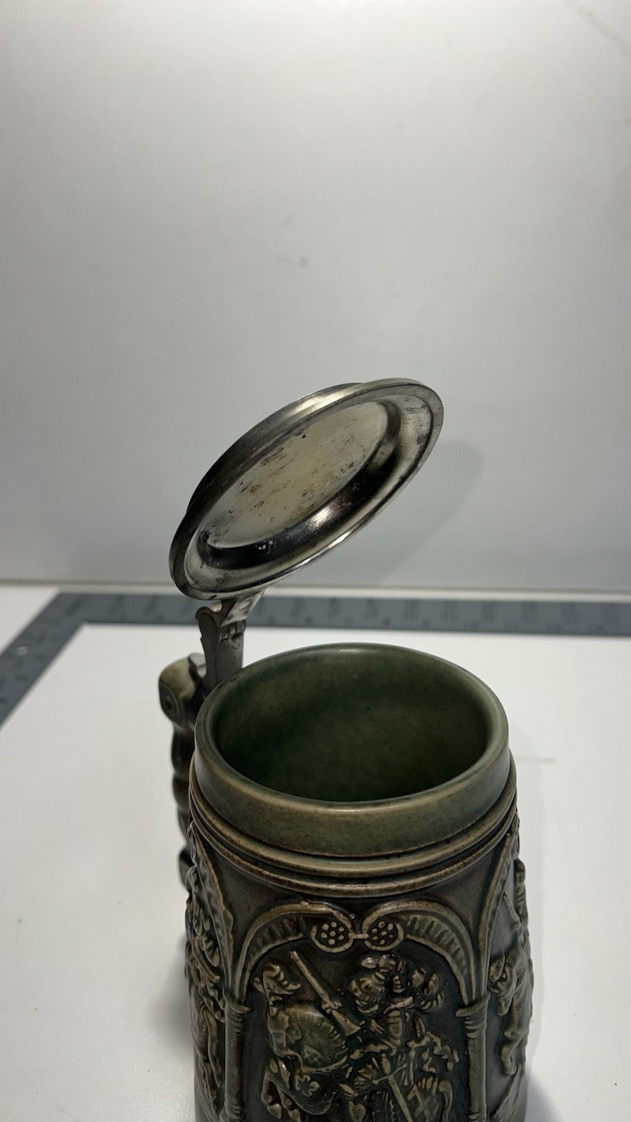 Vintage Green Beer Stein Mug Horse Battle Scene Pewter Lid West Germany