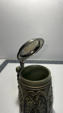 Vintage Green Beer Stein Mug Horse Battle Scene Pewter Lid West Germany