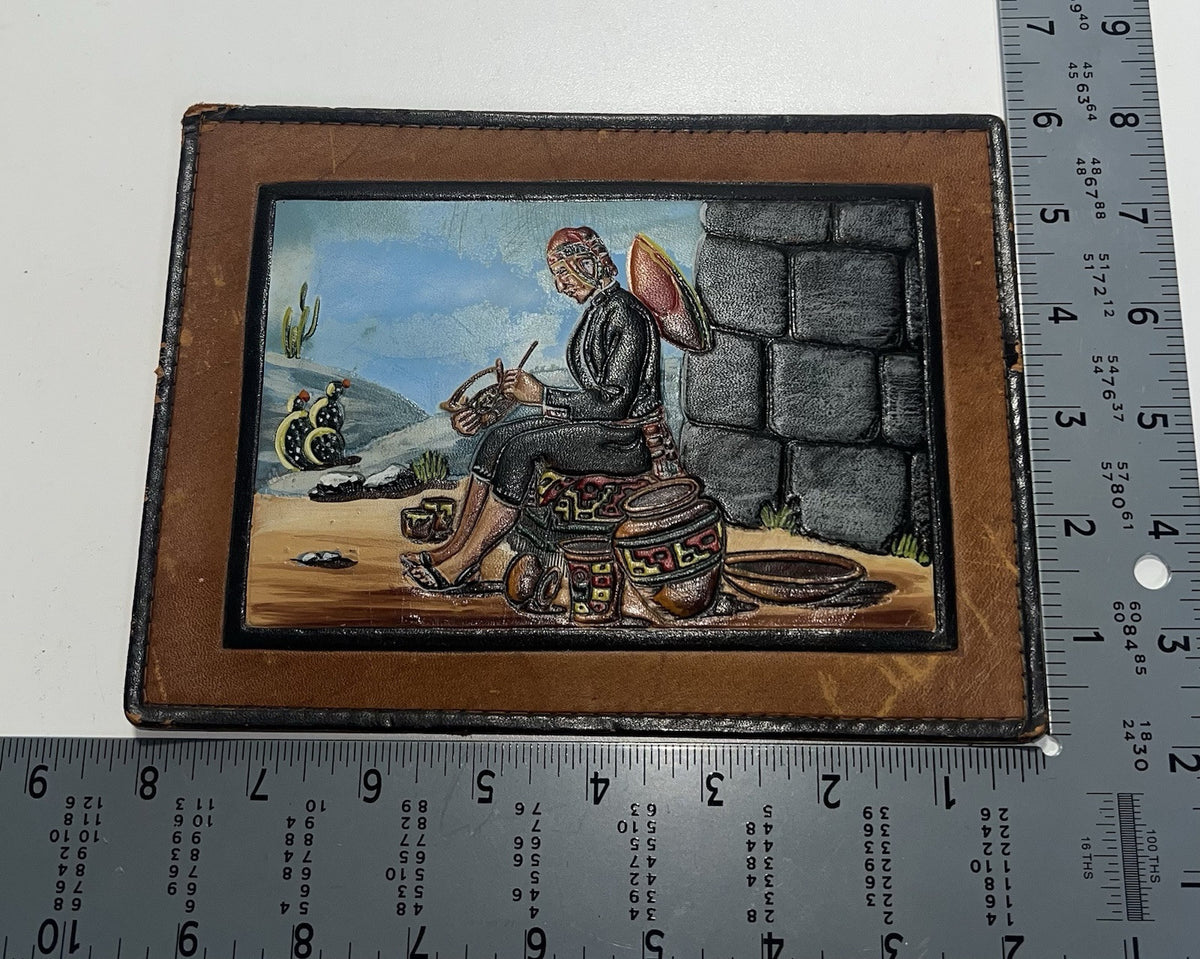 Vintage Peruvian Leather Wall Art Hand-Painted by Ibáñez - 8”x6”. Damaged