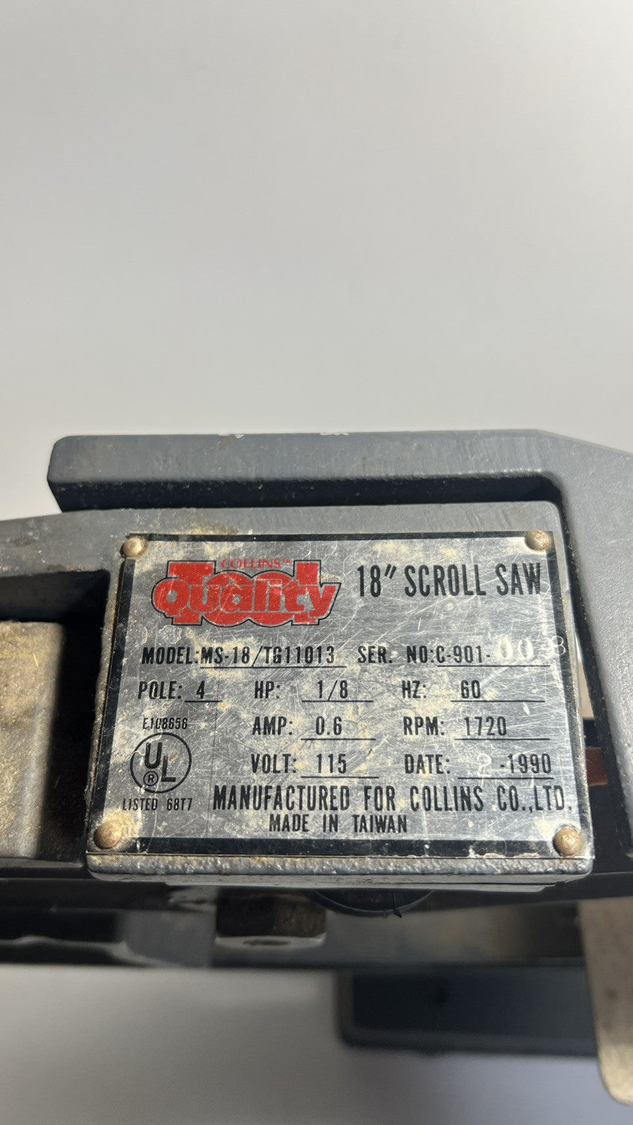 Collins Quality 18” Scroll Saw MS-18 TG11013 1/8HP 115V 1720RPM - Tested, Works