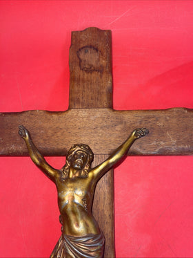 20" Vintage Wooden Crucifix w/ Gold Metal Corpus & Prayer on the Back