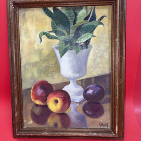 Vintage still life oil on canvas vase, apples and plum .signed