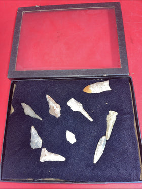 Native American Artifacts Arrowheads Lot 9 Points w/ 9”x7” Frame. #19