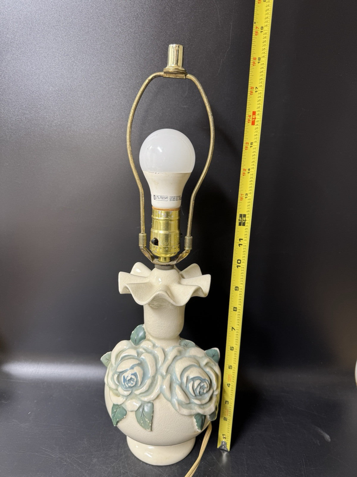 Vintage Small Ruffled Ceramic Lamp with 3-D Roses, Table Desktop Lamp