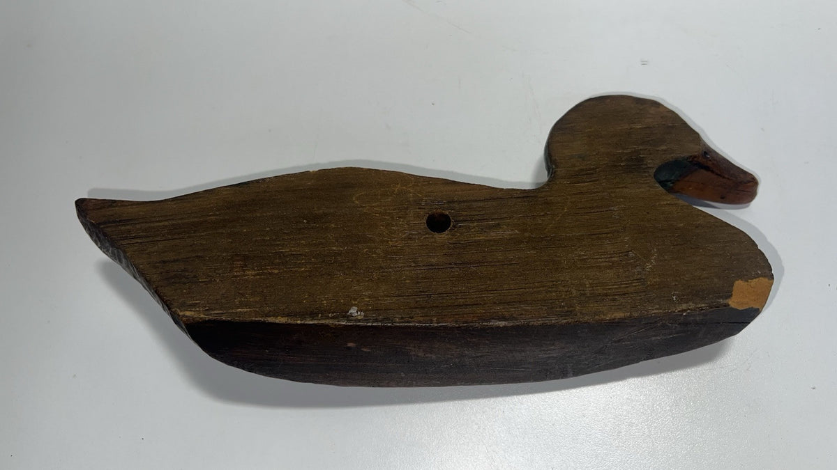 Vintage Hand-Carved Wooden Duck Decoy with Hole – Rustic Hunting Collectible