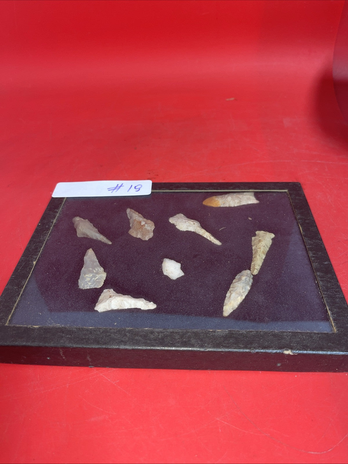 Native American Artifacts Arrowheads Lot 9 Points w/ 9”x7” Frame. #19