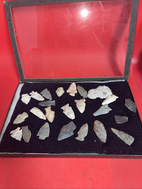 Native American Artifacts Lot 24 w/ Frame Arrowheads Collection 12”x8” Frame #11