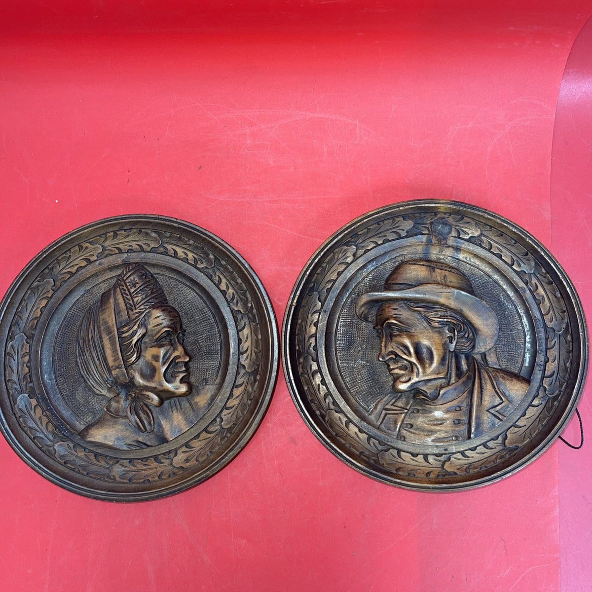 Vintage Handcrafted Wood Wall Plates in Folk Style in Man and Women, Diameter 8”