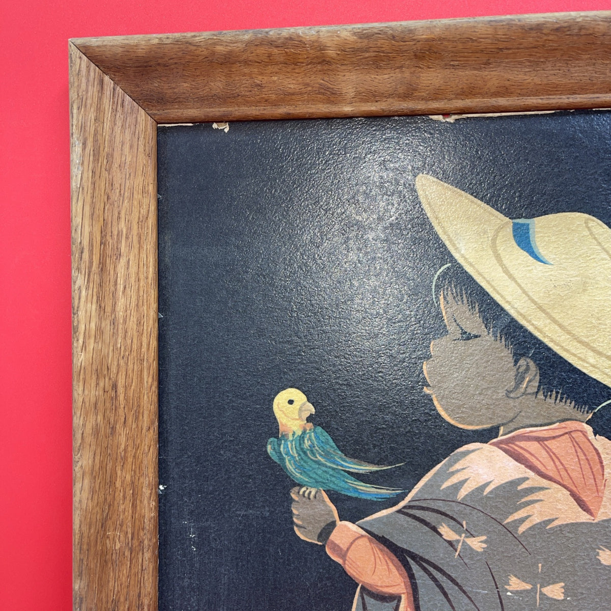 Vintage 50s Jose Luis Betanzos Boy with Parrots 16” x 12”  Framed Print