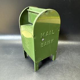Vintage Crown Toy MFG Corp. Olive Green Tin Mail Coin Bank Still Made In USA