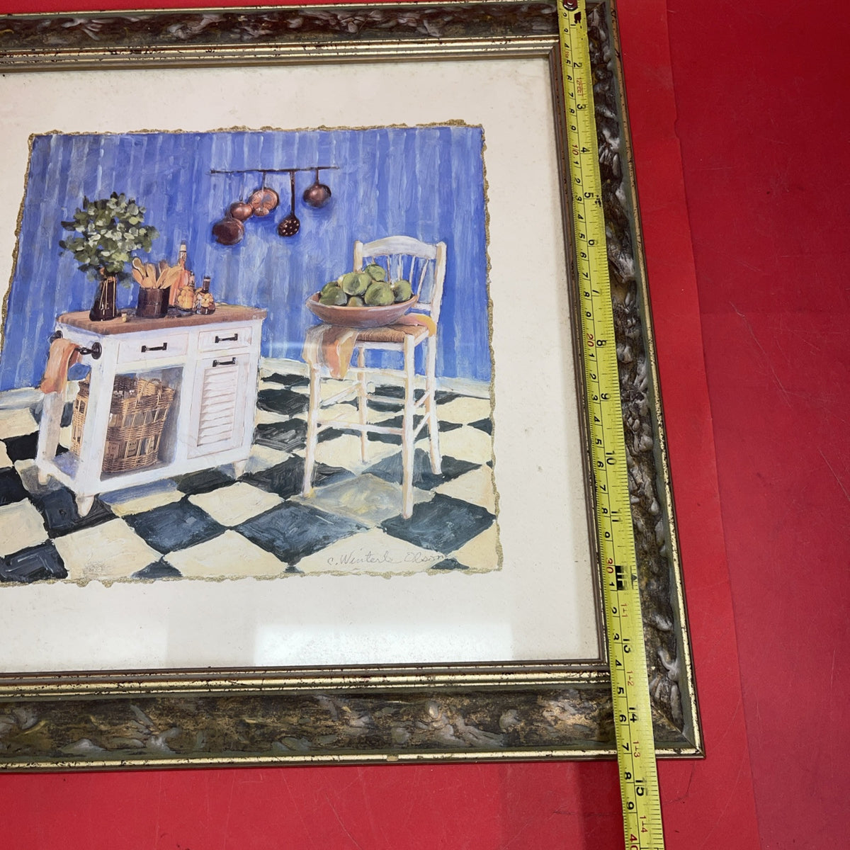 Vintage C. Winterle Olson Print Framed Rustic Kitchen Table Scene GUC