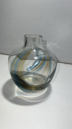 Vintage Hand Blown Art Glass Vase Swirl Design Blue & Amber