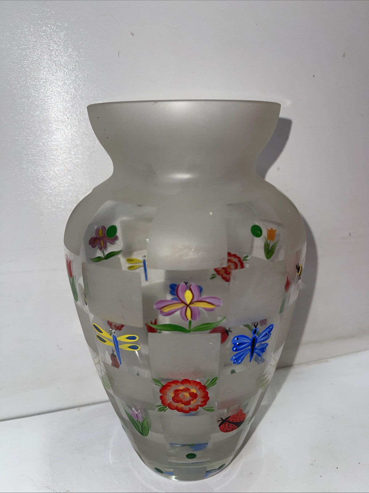 LENOX Nature’s Splendor Vase Hand Painted Designs Frosted Glass Signed 8.5"