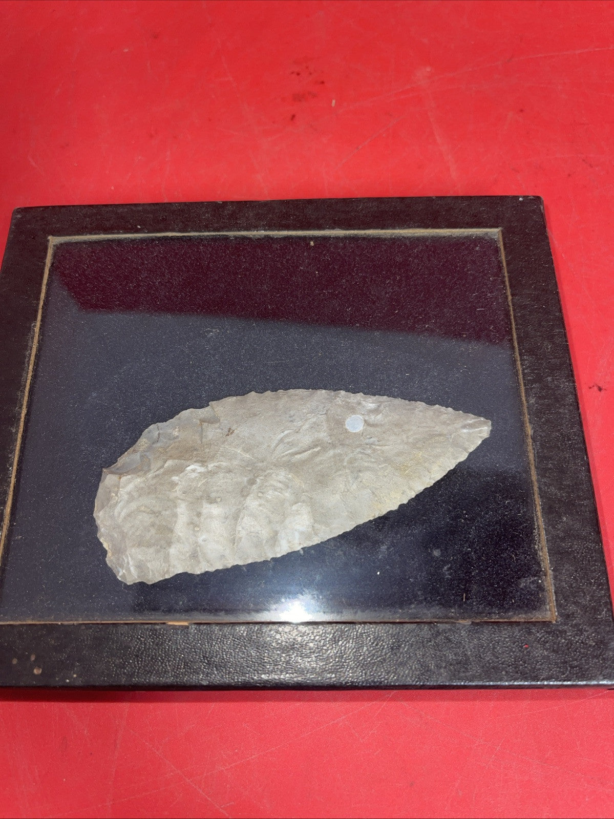 Native American Arrowheads collection in glass case, framed.