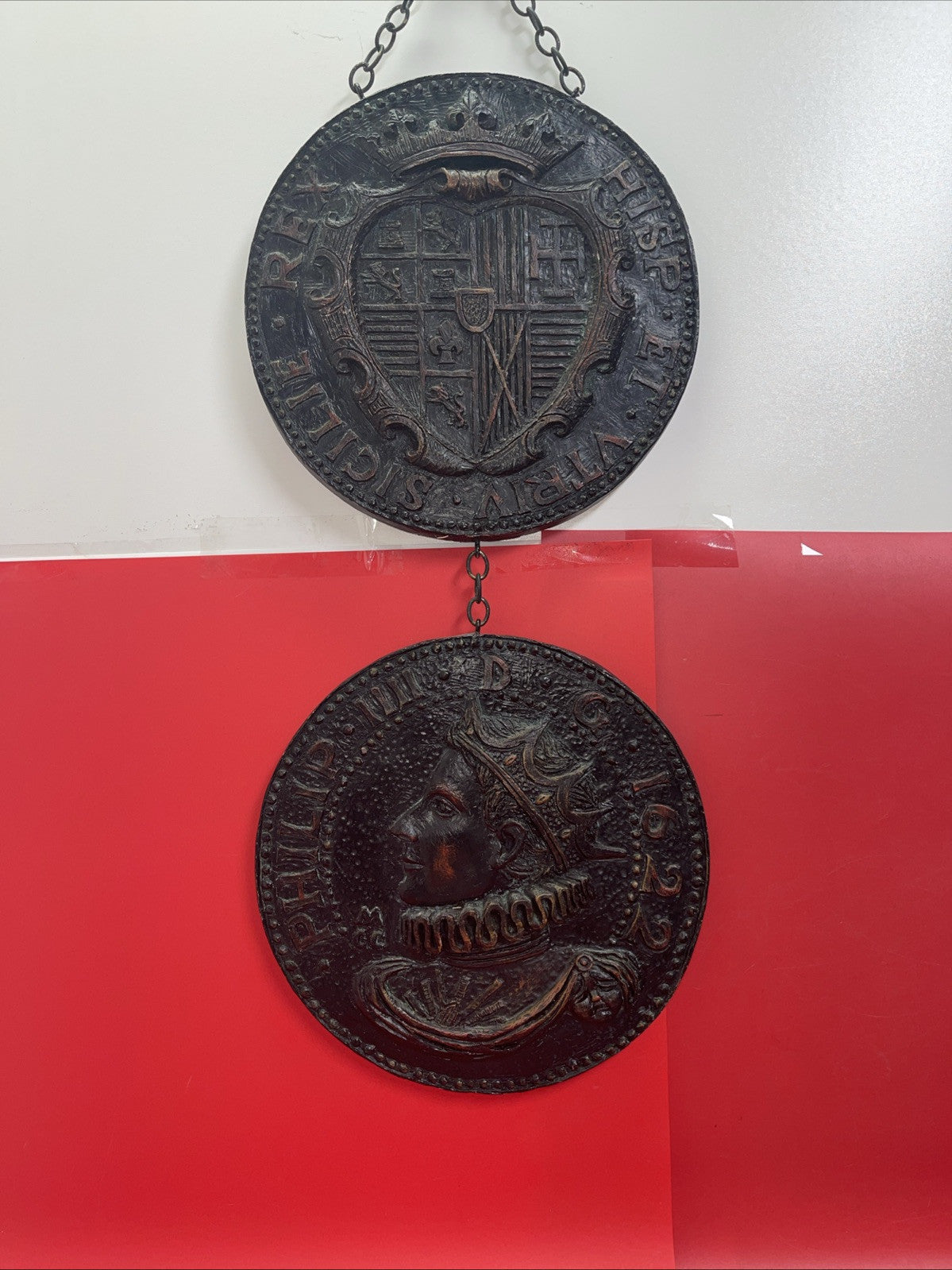 Rare Antique Spanish Medallion Wall Coin Plaques Spain King Mid Century Modern 