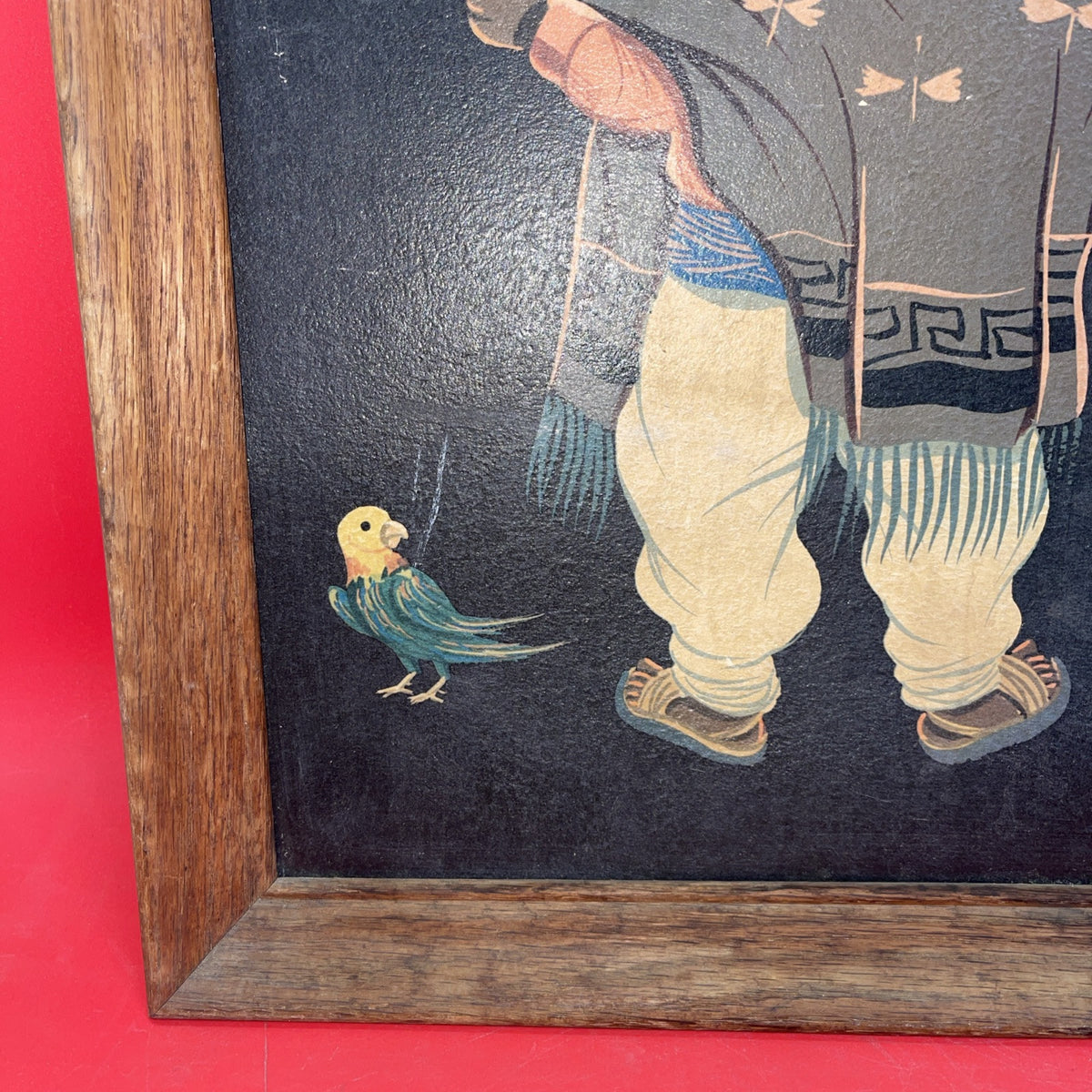Vintage 50s Jose Luis Betanzos Boy with Parrots 16” x 12”  Framed Print