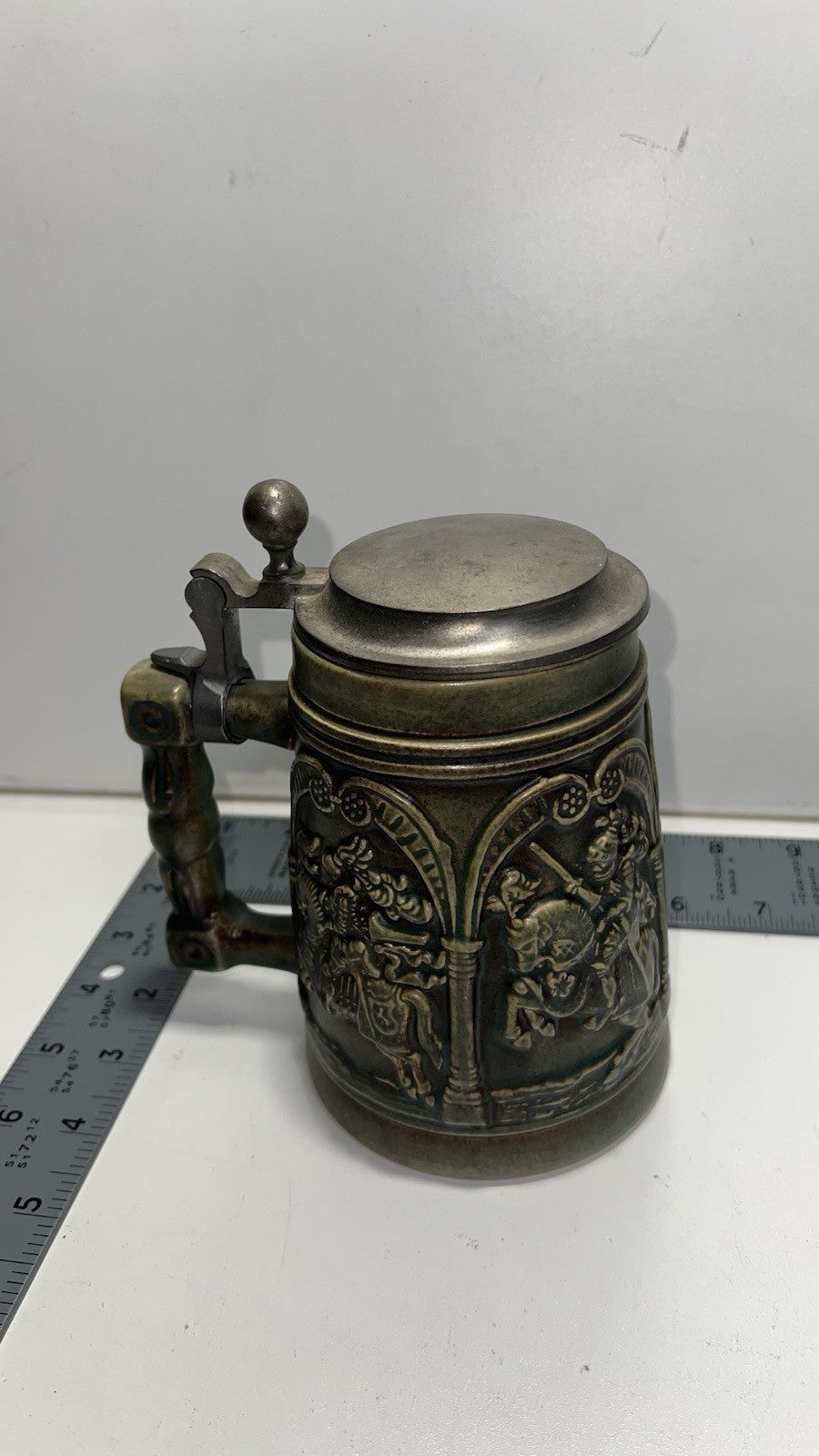 Vintage Green Beer Stein Mug Horse Battle Scene Pewter Lid West Germany