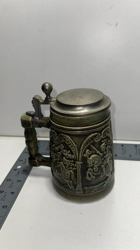 Vintage Green Beer Stein Mug Horse Battle Scene Pewter Lid West Germany
