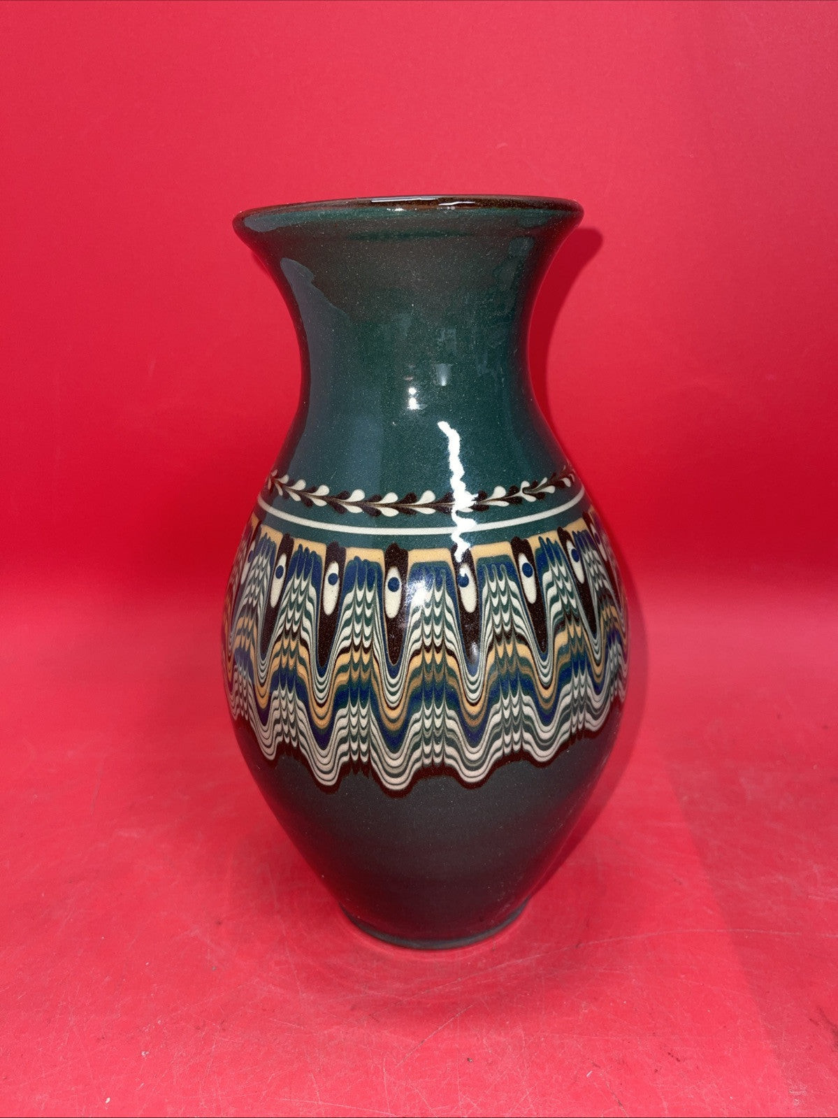 Bulgar Clay Redware Slip Glaze Teal Green Vase Bulgarian Pottery 10” Tall