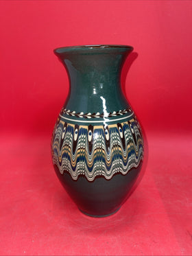 Bulgar Clay Redware Slip Glaze Teal Green Vase Bulgarian Pottery 10” Tall