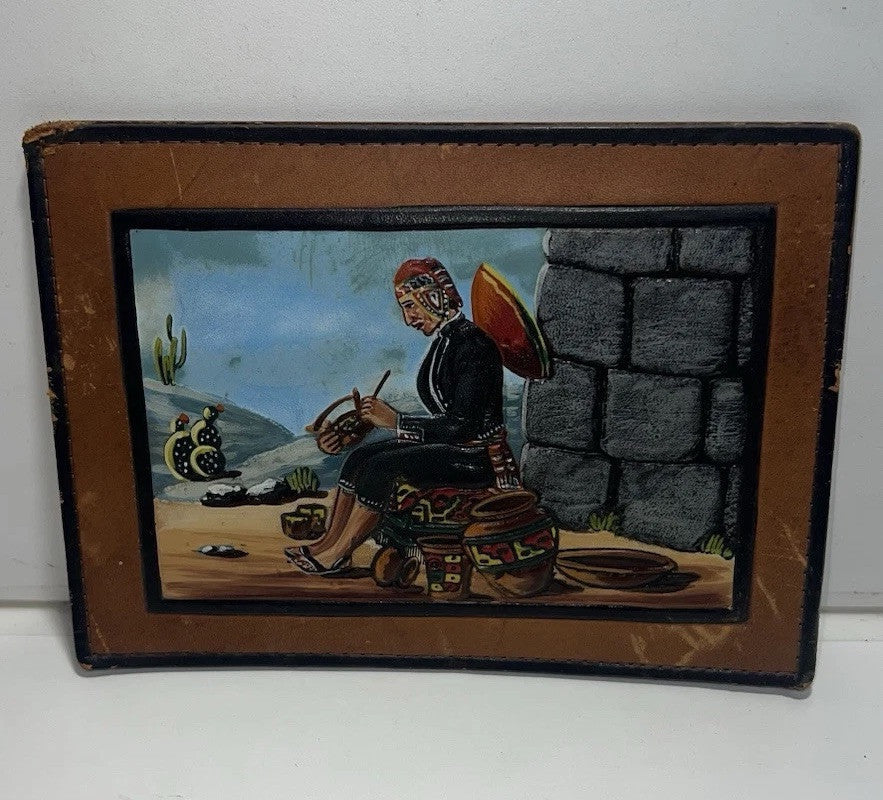 Vintage Peruvian Leather Wall Art Hand-Painted by Ibáñez - 8”x6”. Damaged