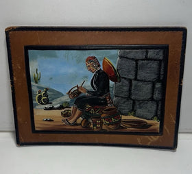 Vintage Peruvian Leather Wall Art Hand-Painted by Ibáñez - 8”x6”. Damaged