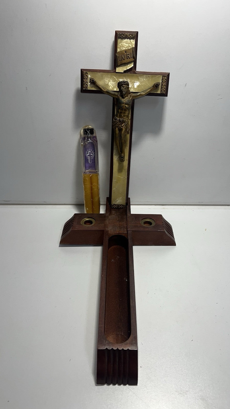 Vintage Catholic Last Rites Crucifix - Mother of Pearl Inlay, Empty Holy Water