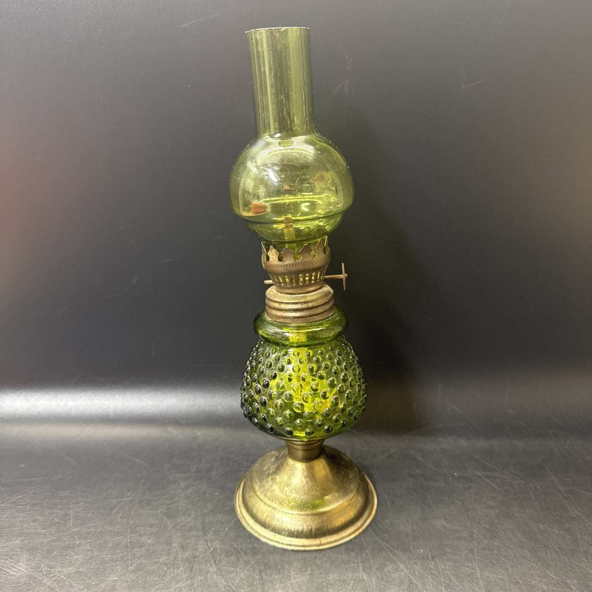 Vintage Made In Hong Kong,  Small Green Glass Oil Lamp 10" Tall