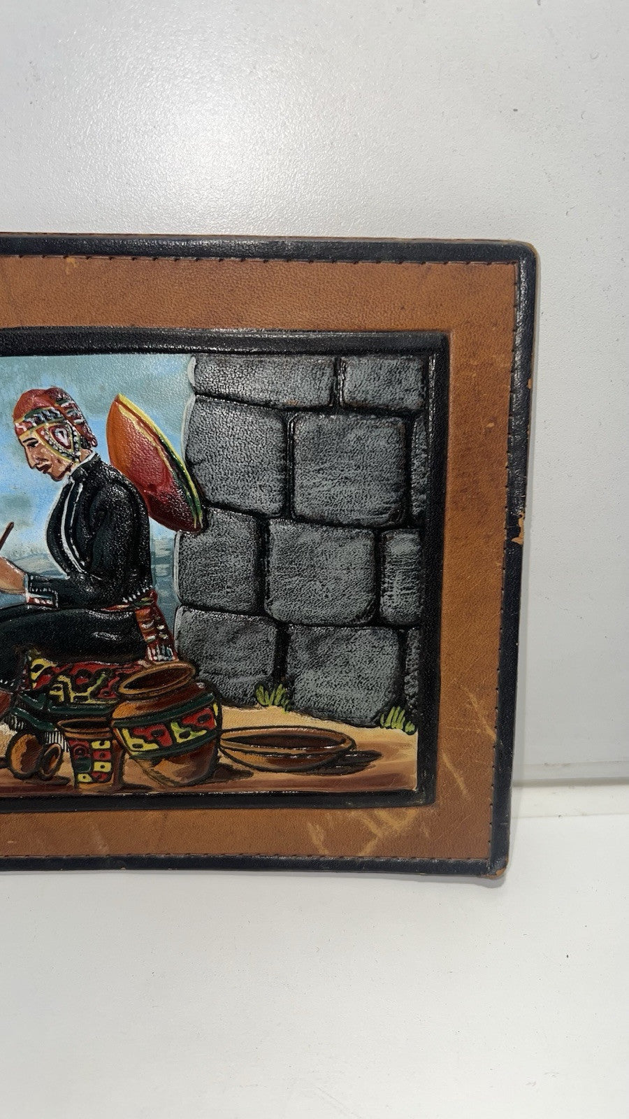 Vintage Peruvian Leather Wall Art Hand-Painted by Ibáñez - 8”x6”. Damaged