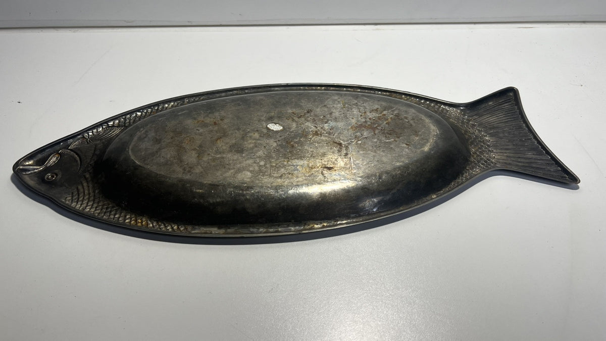 Vintage Silver-Plated Asian Fish Platter with Gold Trim - Made in China 18”x7.5”