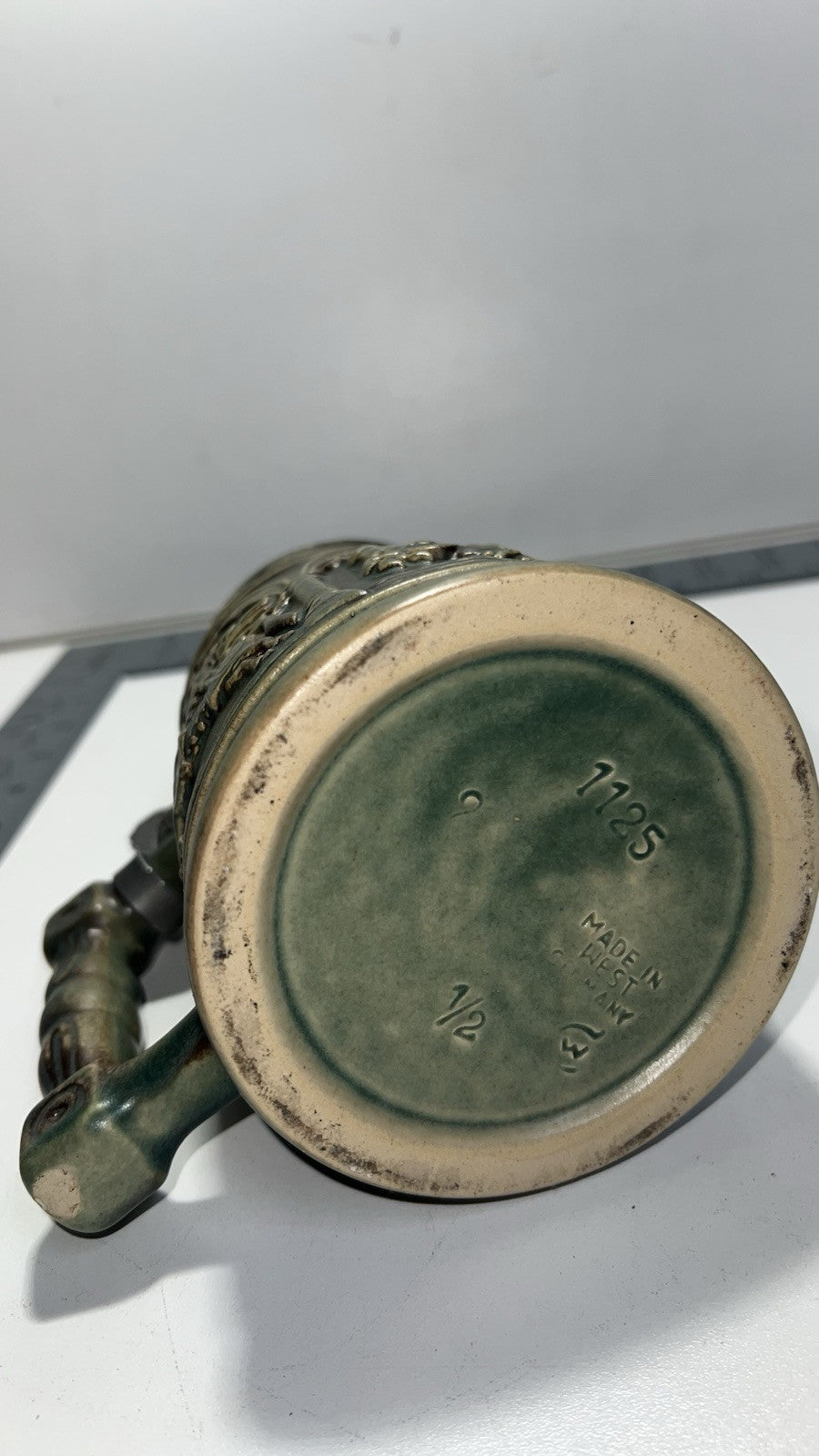 Vintage Green Beer Stein Mug Horse Battle Scene Pewter Lid West Germany