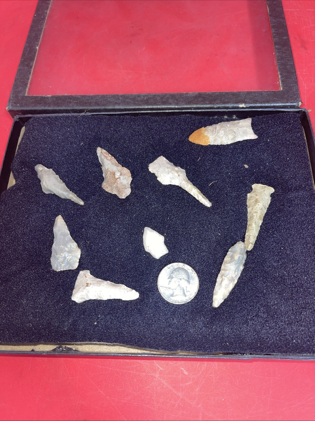 Native American Artifacts Arrowheads Lot 9 Points w/ 9”x7” Frame. #19
