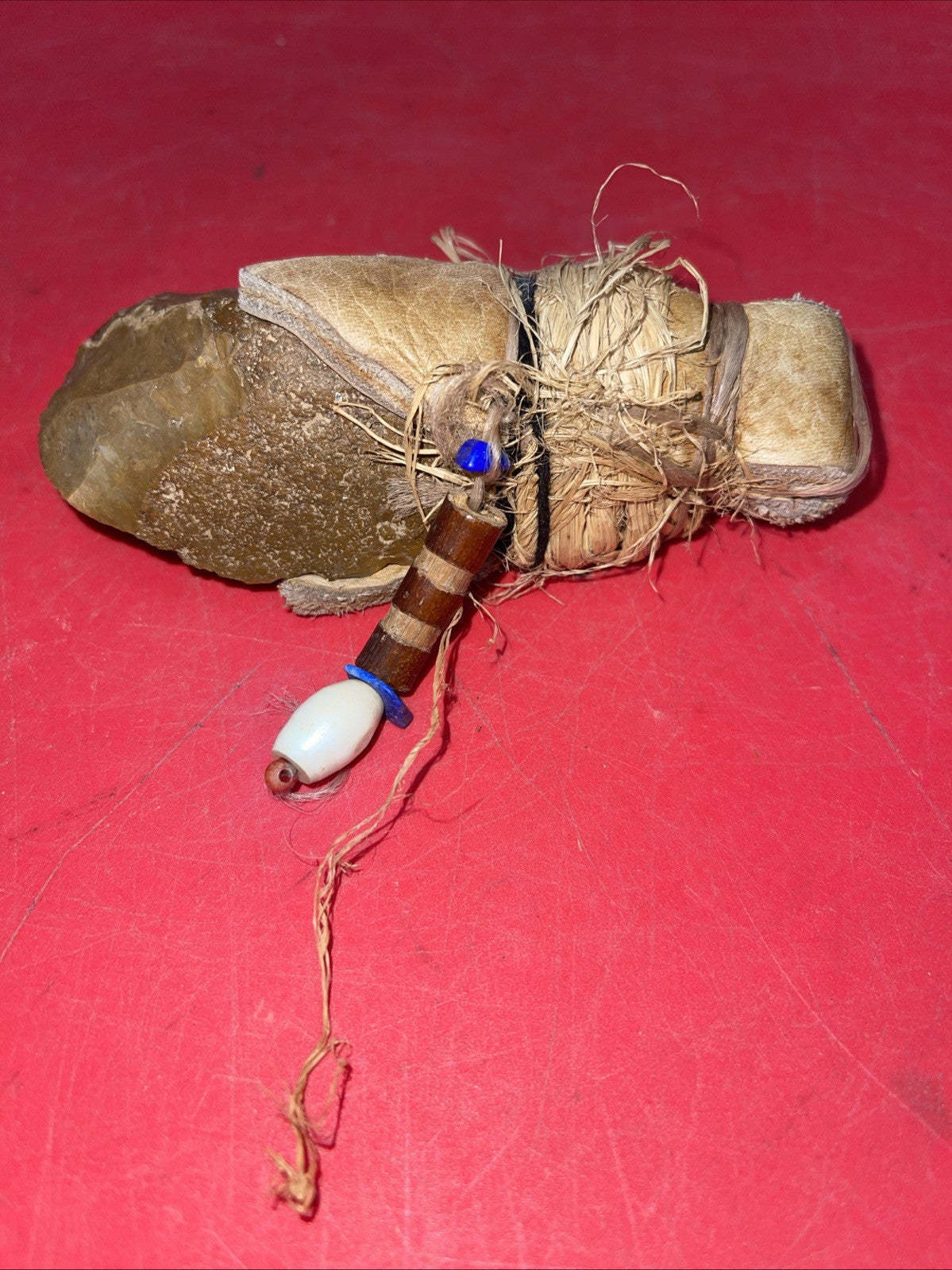 American Indian Artifact, Tabletop Stone Knife, Leather Handle